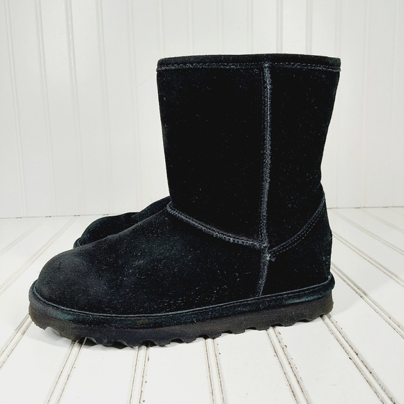 BearPaw Emma Short Women Black Suede Leather Mid Calf Slip On Winter Boots D217 - Picture 1 of 11